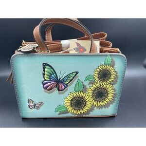 Purse Handbag Cross Body Tote Leather Butterfly Sunflower green HandMade Artisan